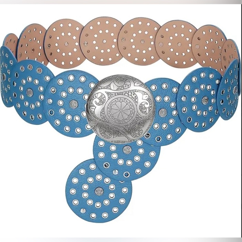 Stylish Blue and Tan Boho Chic Belt with Silver Accents